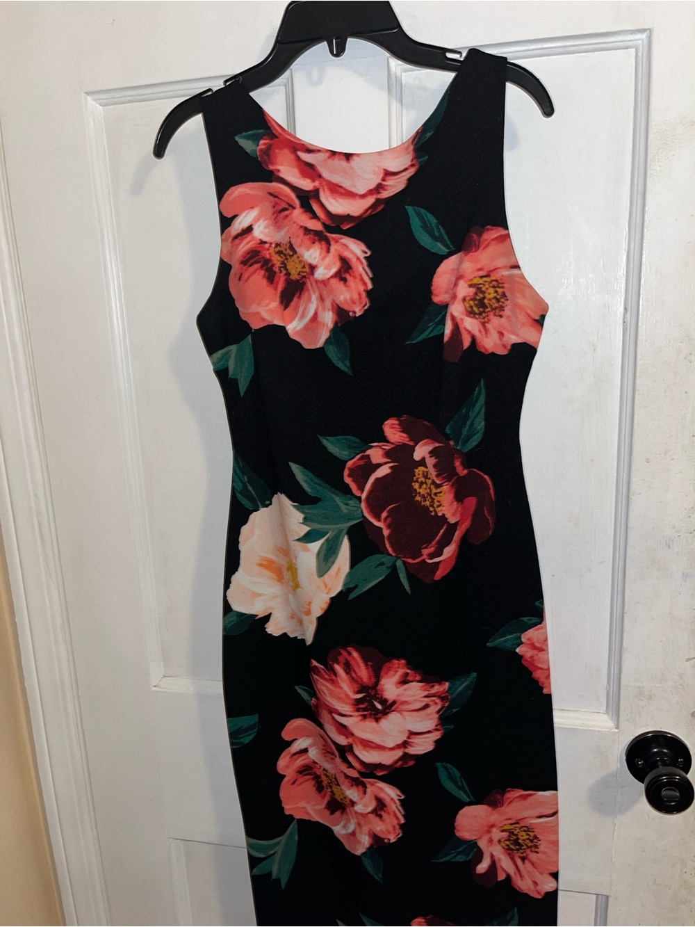 Black Floral Sheath Dress with Pink Blooms
